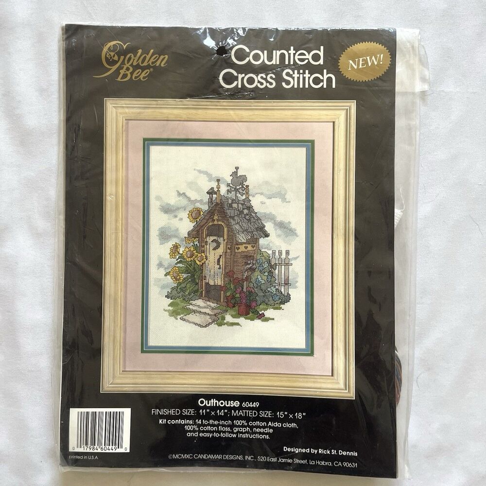 NEW Vintage 1990 Golden Bee Counted Cross Stitch Kit Outhouse Sunflowers #60449